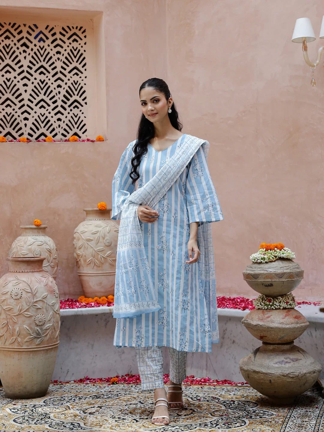 Floral Printed Cotton Kurta Set for Women - SanskrutiHomes 