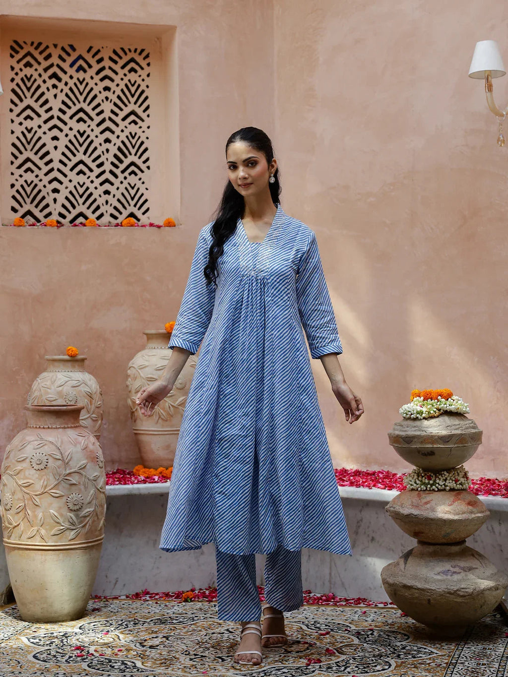 Blue Striped Printed V-Neck Cotton Kurta Set - SanskrutiHomes 