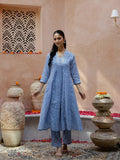 Blue Striped Printed V-Neck Cotton Kurta Set - SanskrutiHomes 