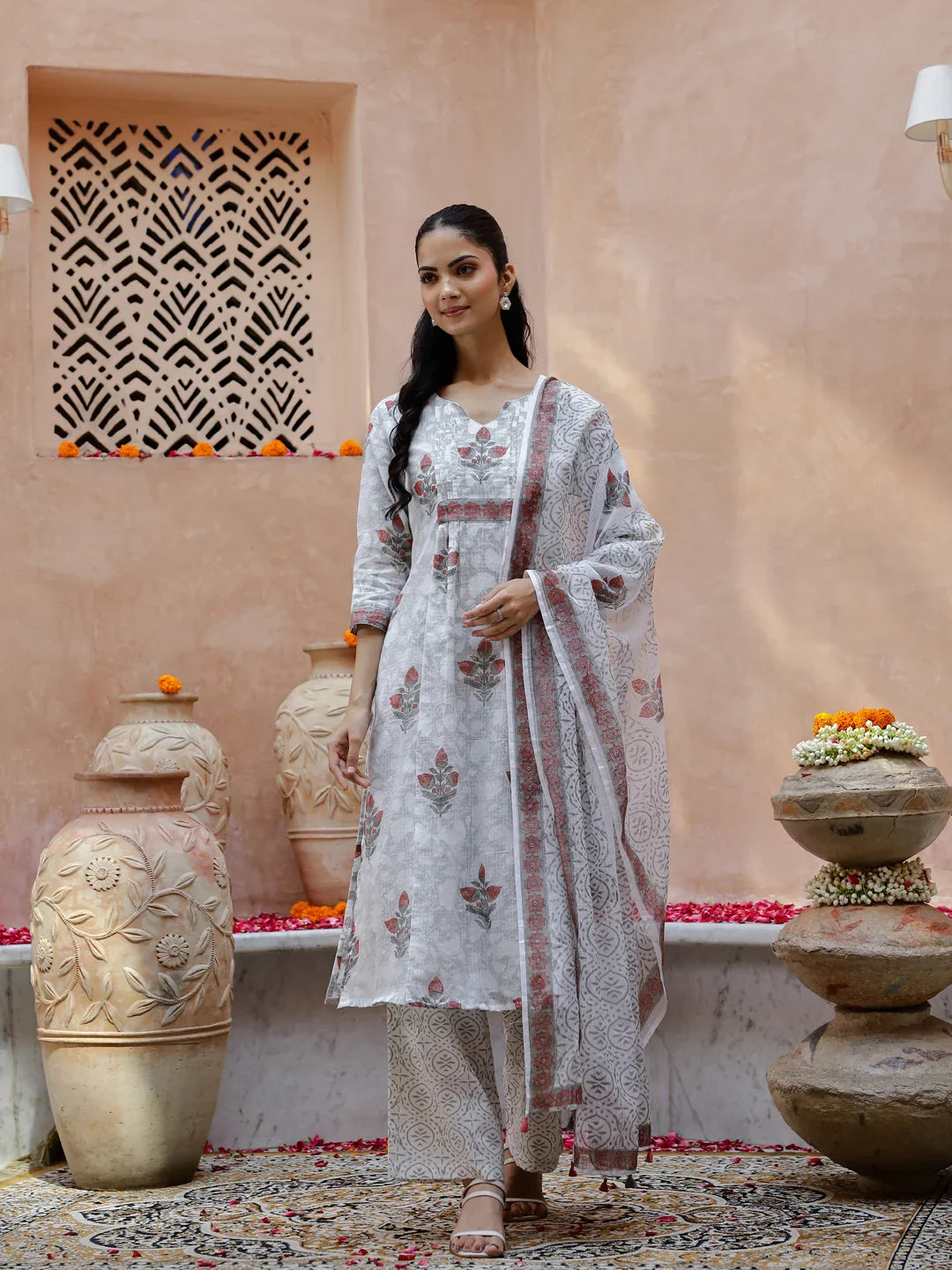 Set of 3 Floral Printed Cotton Kurta Set - SanskrutiHomes 