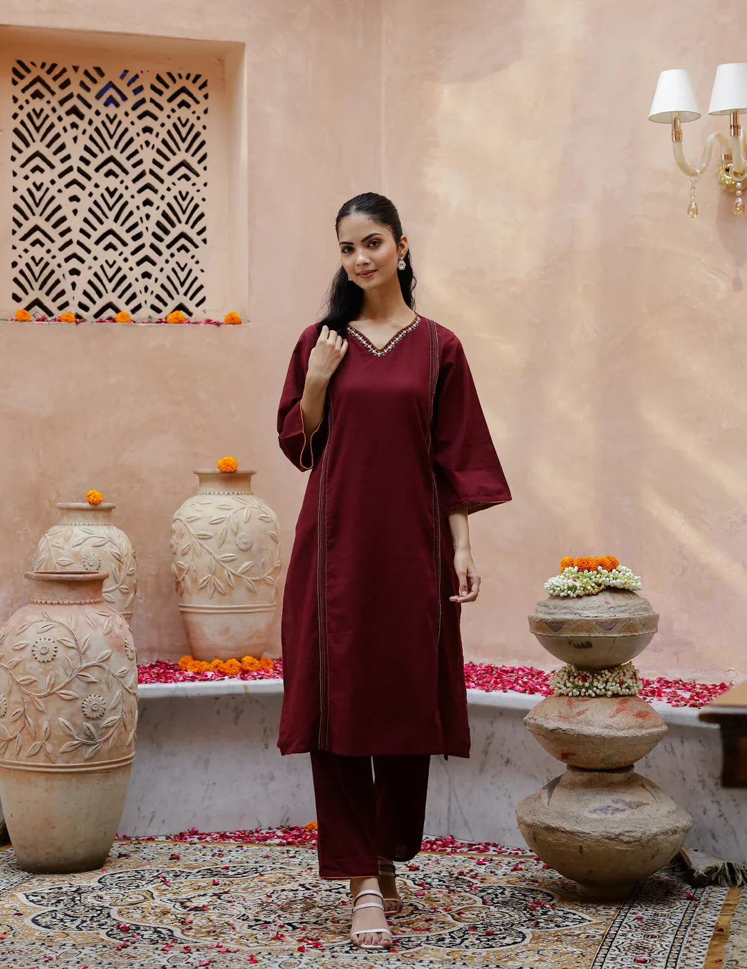 V-Neck Cotton Maroon Kurta Set for Women - SanskrutiHomes 