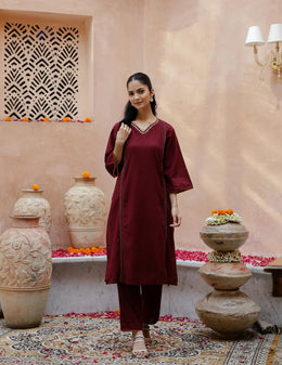 V-Neck Cotton Maroon Kurta Set for Women - SanskrutiHomes 