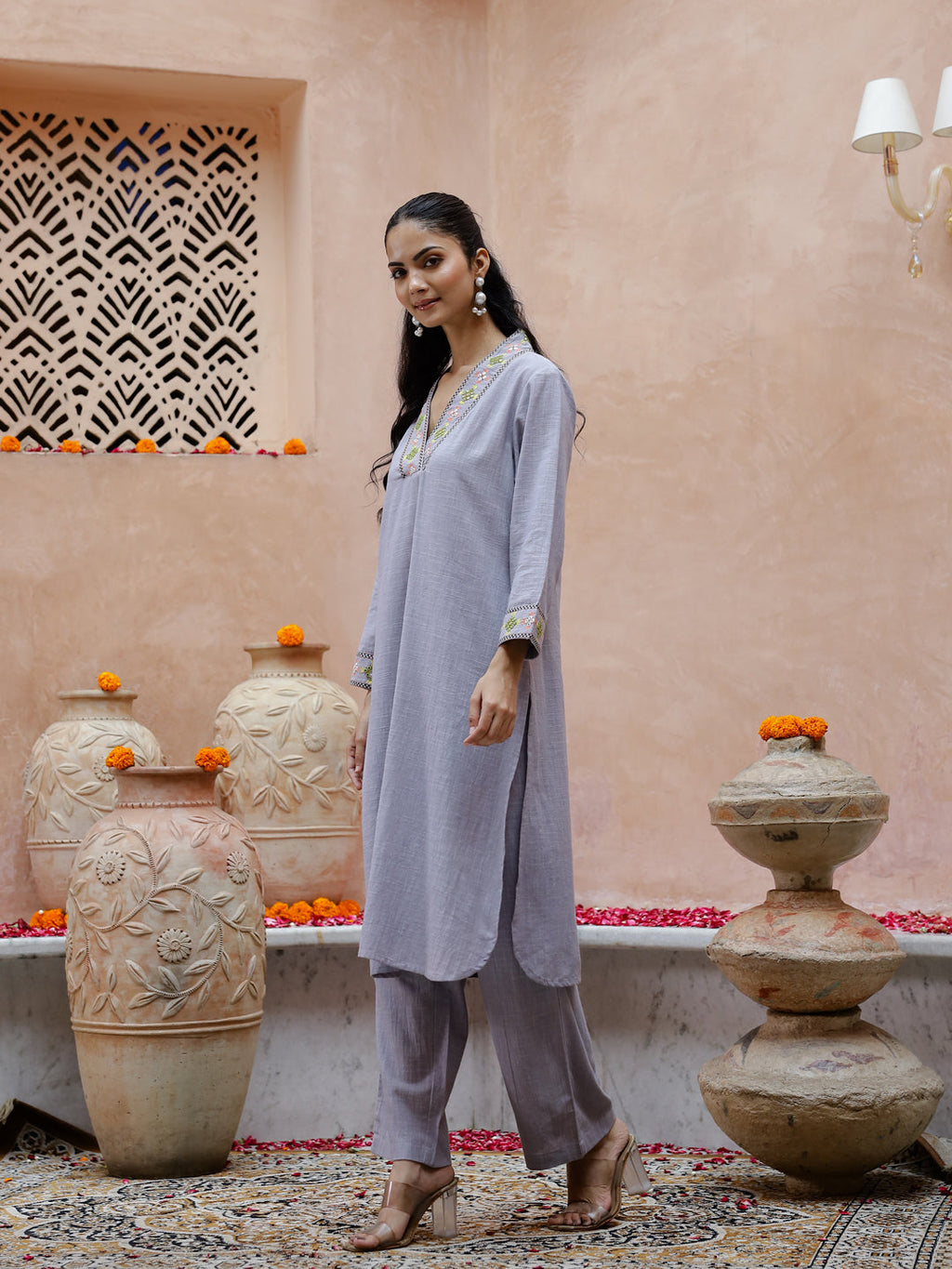 Solid Print Cotton Kurta Set For Women