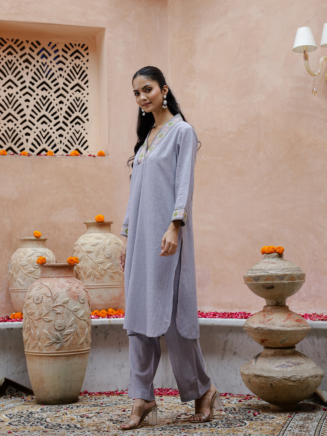 Solid Print Cotton Kurta Set For Women