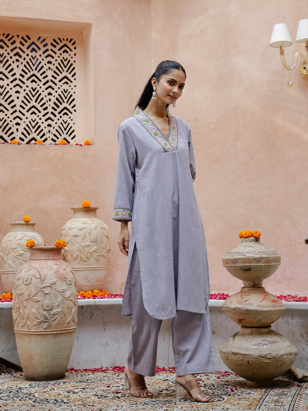 Solid Print Cotton Kurta Set For Women