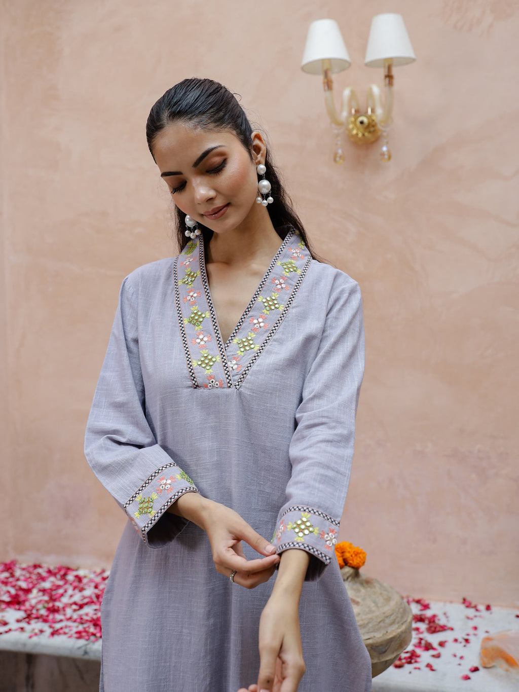 Solid Print Cotton Kurta Set For Women