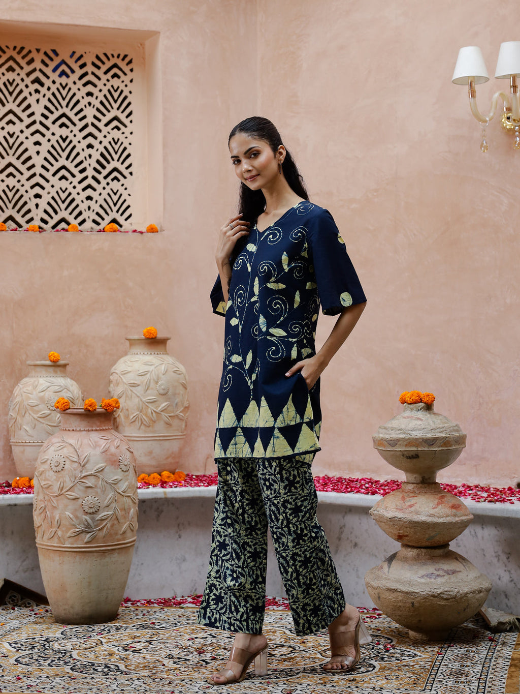 Blue Flower Printed V-Neck Kurta Set