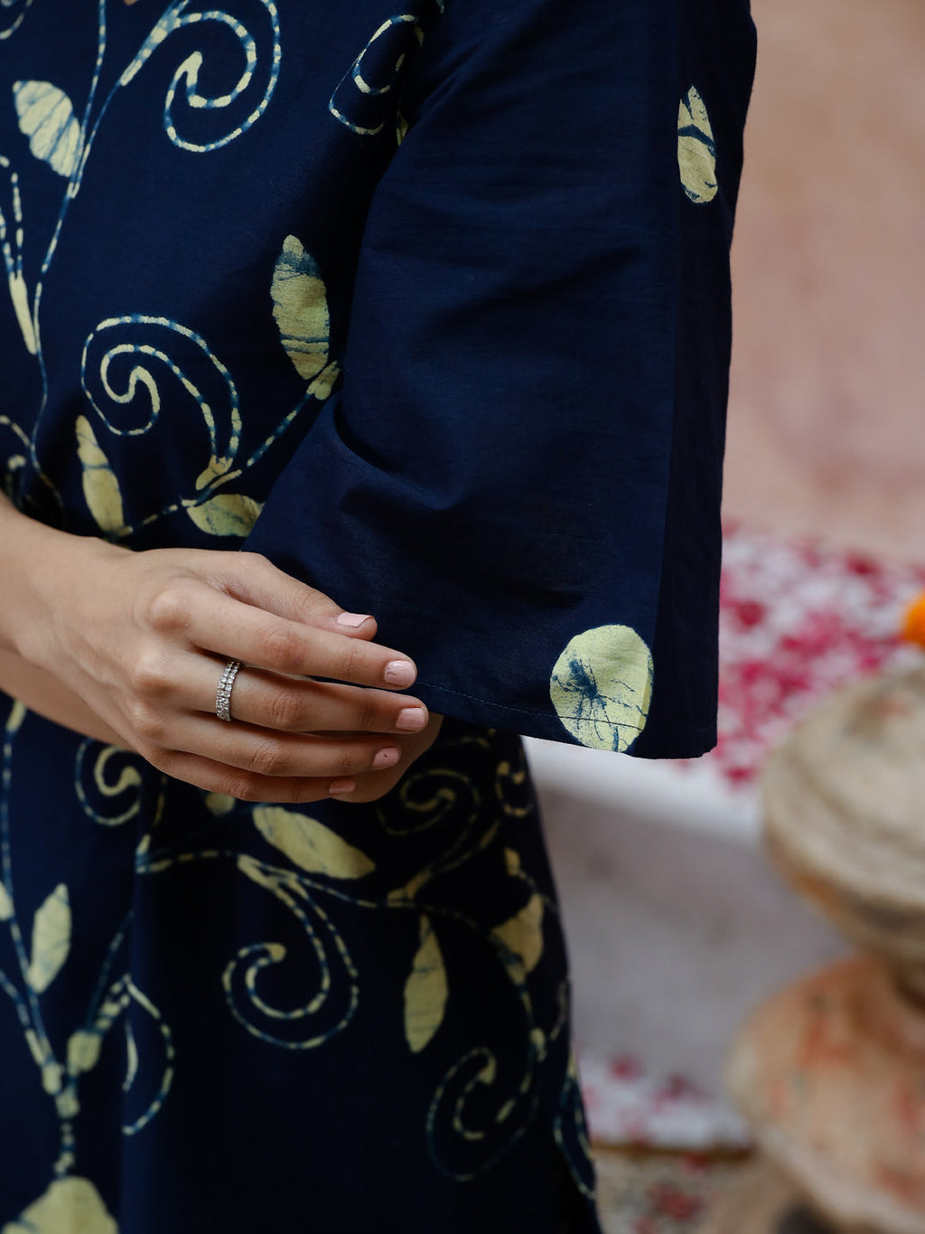 Blue Flower Printed V-Neck Kurta Set