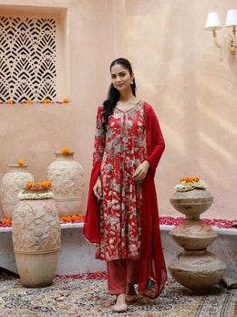 Red Floral Print V-Neck Cotton Kurta Set For Women