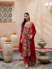 Red Floral Print V-Neck Cotton Kurta Set For Women