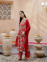 Red Floral Print V-Neck Cotton Kurta Set For Women