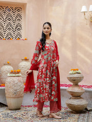 Red Floral Print V-Neck Cotton Kurta Set For Women