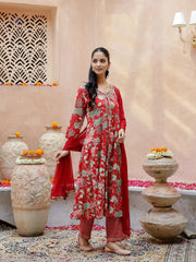 Red Floral Print V-Neck Cotton Kurta Set For Women