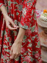 Red Floral Print V-Neck Cotton Kurta Set For Women