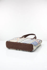 White Geometric Print Cotton Tote Bag with Brown Shoulder Straps for Women - SanskrutiHomes 