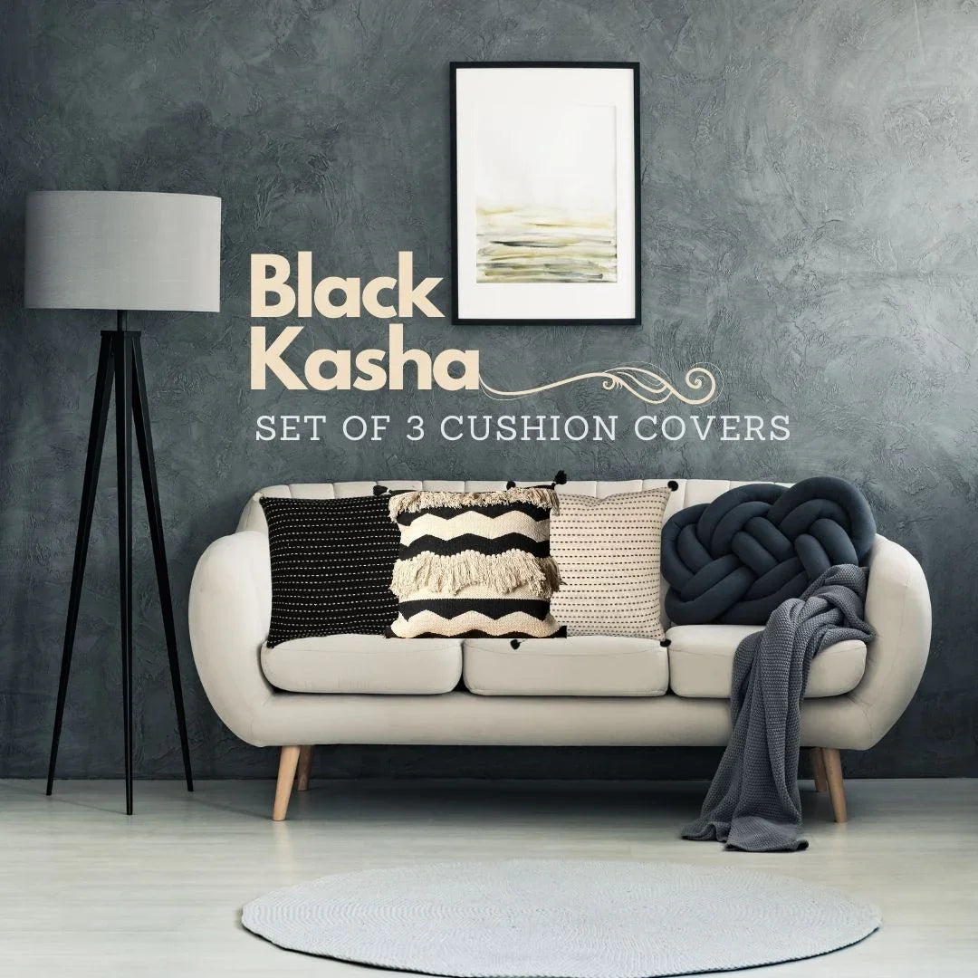 Black Kasha Set of 3 Cushion Covers - SanskrutiHomes 