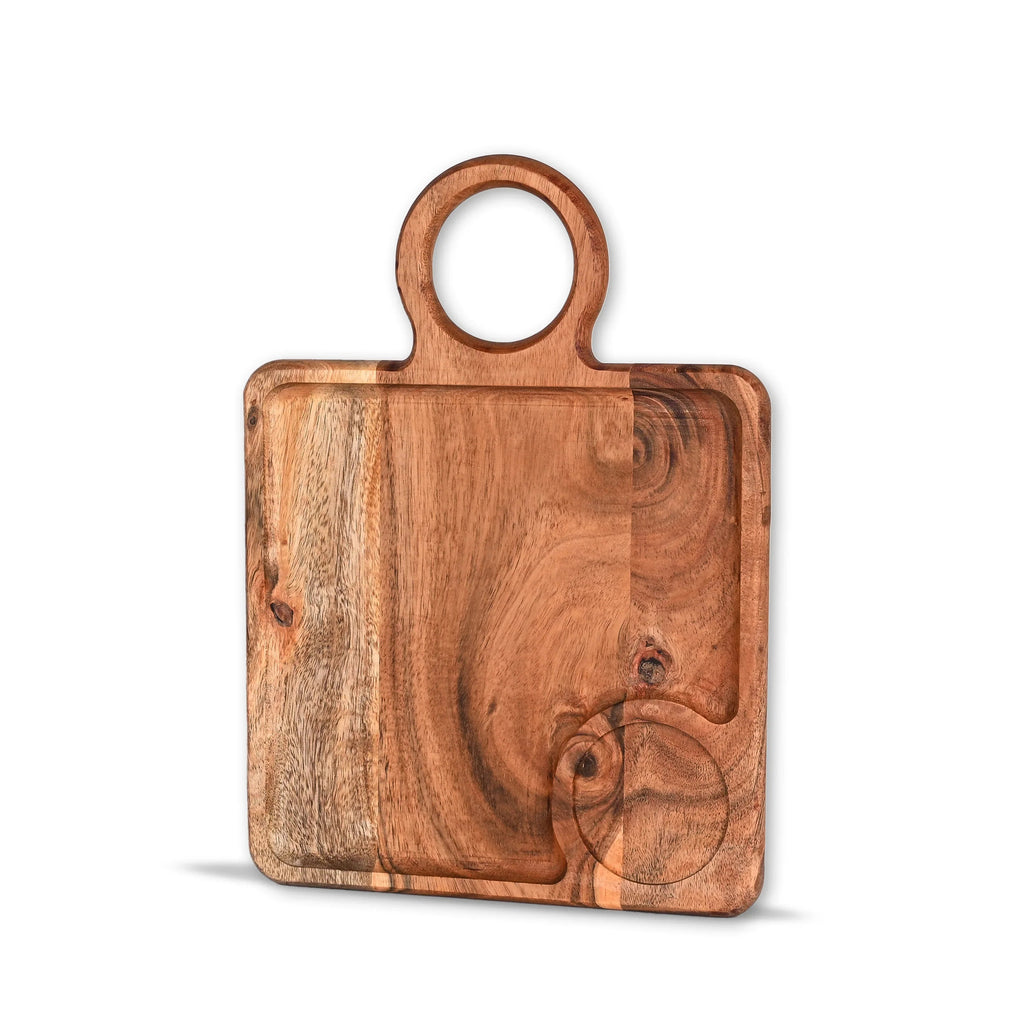 Acacia Wood Serving Board with Cup Holder and Handle - SanskrutiHomes 