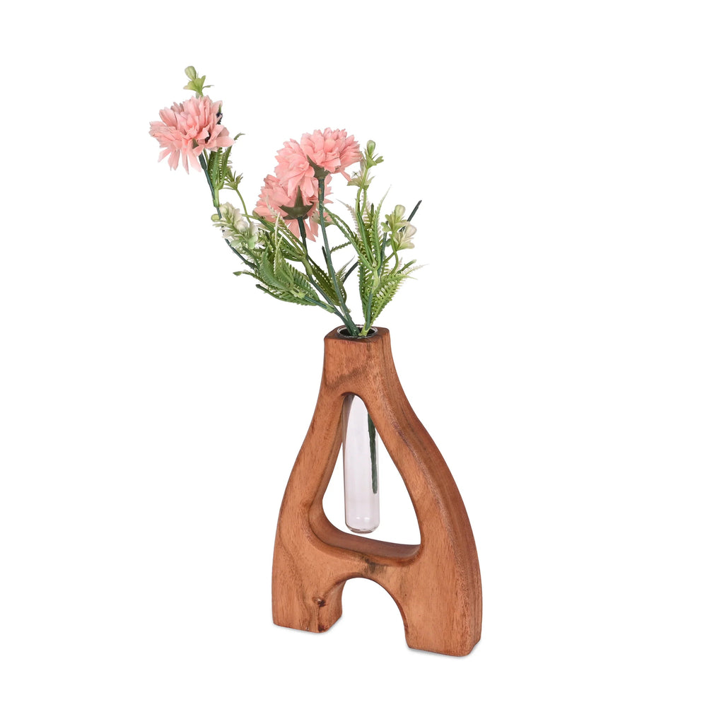 Natural Acacia Wood A Shaped Flower Holder - SanskrutiHomes 