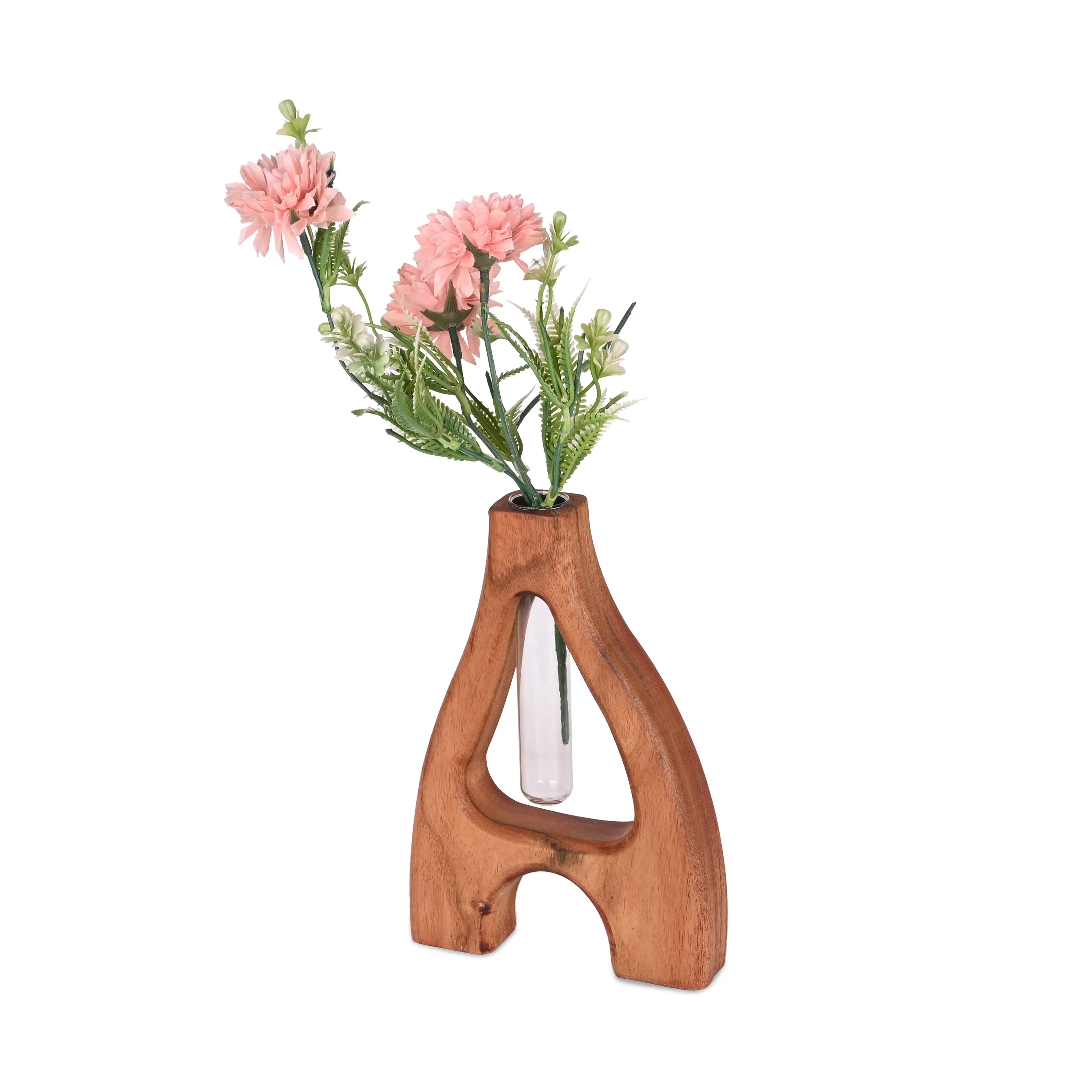 Natural Acacia Wood A Shaped Flower Holder - SanskrutiHomes 