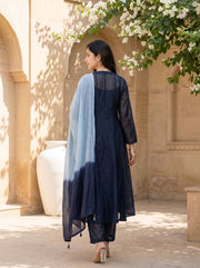 Blue Round Neck Embroidered Flared Cotton Kurta Set For Women