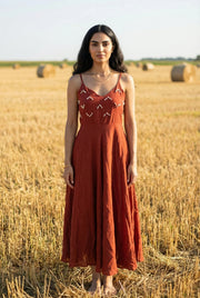 Rust Solid Shoulder Straps Sleeveless Flared Dress For Women