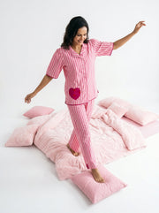 Pink Stripes  Pure Cotton Night Suit For Women