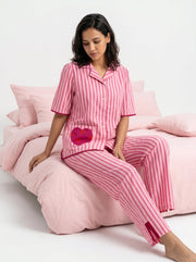 Pink Stripes  Pure Cotton Night Suit For Women