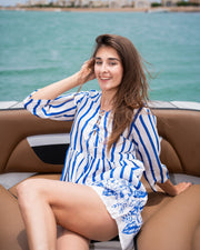 Blue Stipes Print V-Neck Cotton Flared Mini Dress For Women