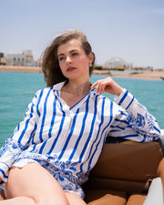 Blue Stripe Print Shirt Collar Full Sleeve Shirt For Women