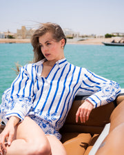 Blue Stripe Print Shirt Collar Full Sleeve Shirt For Women