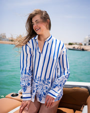 Blue Stripe Print Shirt Collar Full Sleeve Shirt For Women