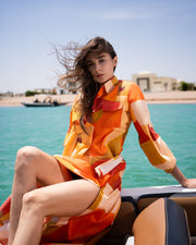 Orange Round Neck Abstract Flared Cotton Dress For Women