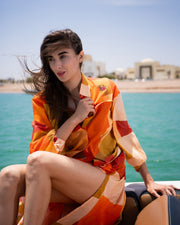 Orange Round Neck Abstract Flared Cotton Dress For Women