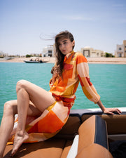 Orange Round Neck Abstract Flared Cotton Dress For Women