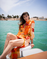 Orange Round Neck Abstract Flared Cotton Dress For Women