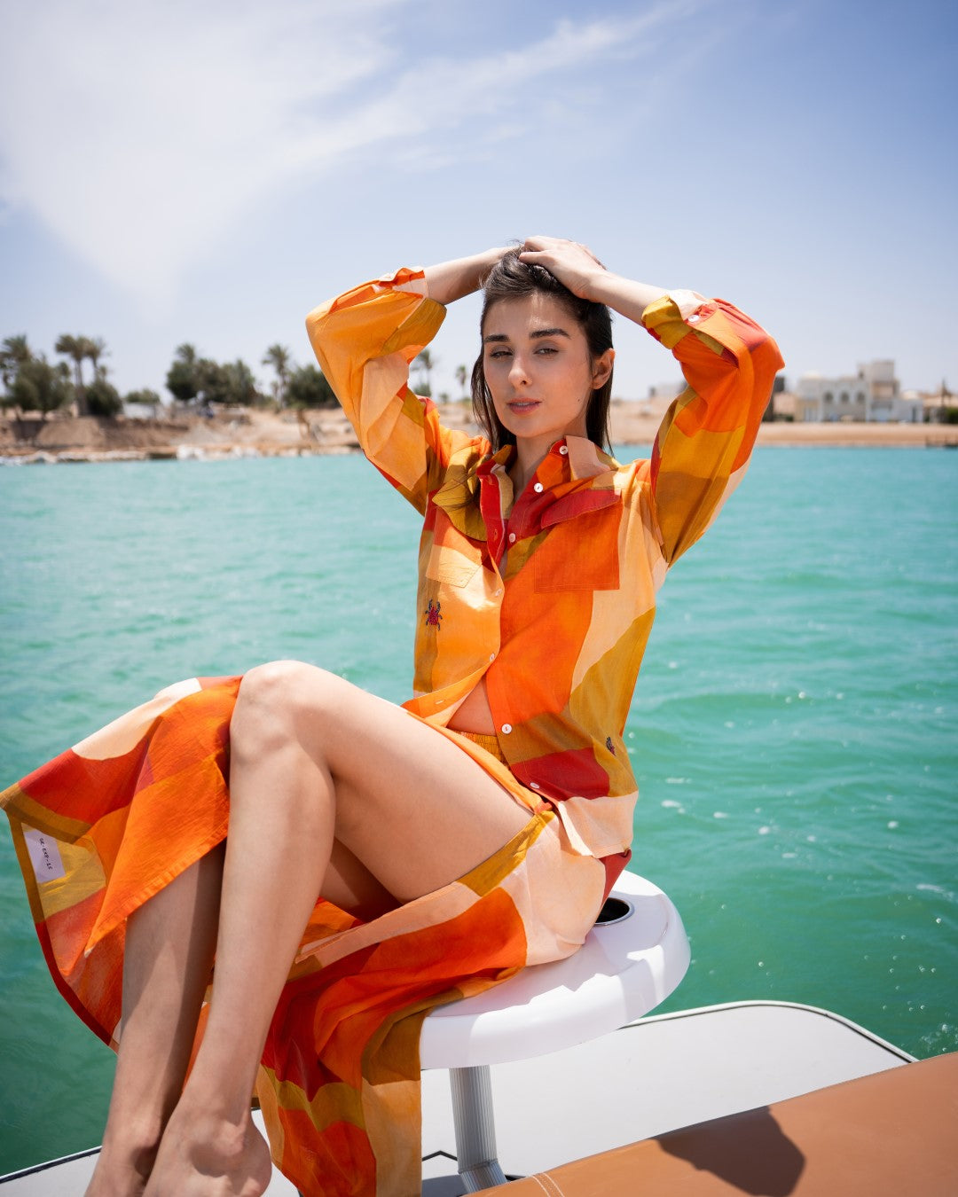 Orange Round Neck Abstract Flared Cotton Dress For Women