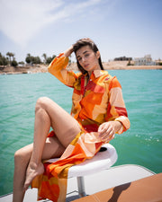 Orange Round Neck Abstract Flared Cotton Dress For Women