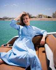 Blue Shirt Collar Solid Flared Midi Cotton Dress For Women
