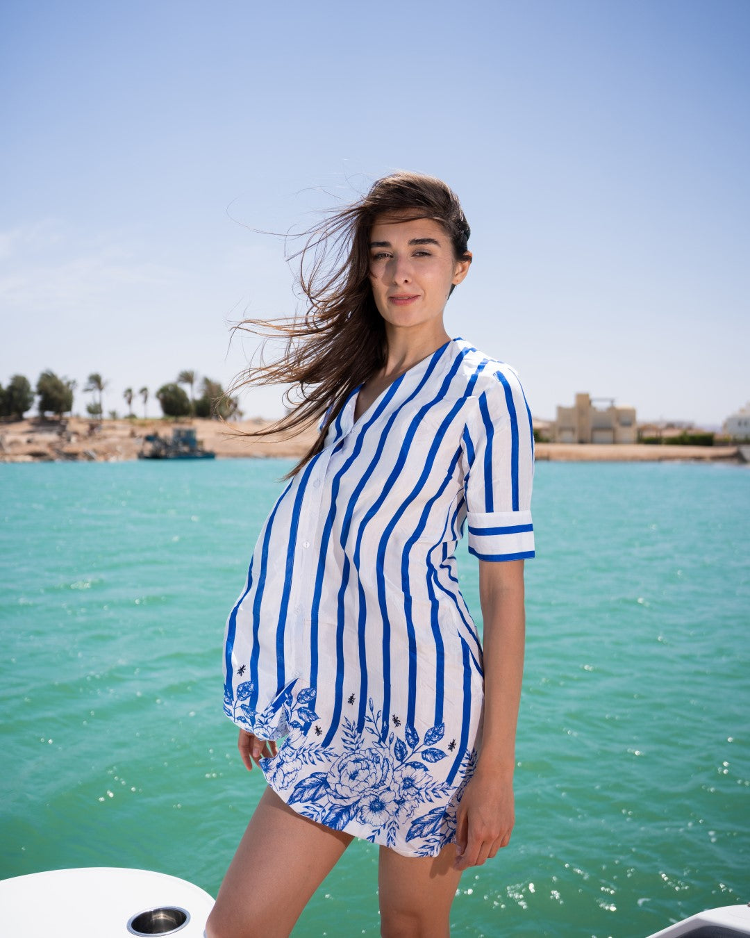 Blue Striped Print V-Neck Cotton Midi Dress For Women