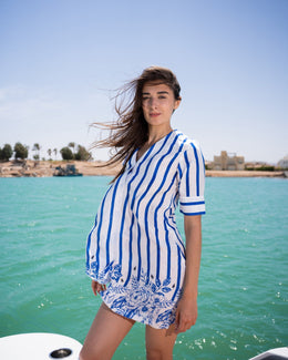 Blue Striped Print V-Neck Cotton Midi Dress For Women