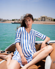 Blue Striped Print V-Neck Cotton Midi Dress For Women