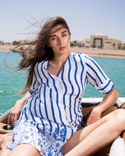 Blue Striped Print V-Neck Cotton Midi Dress For Women