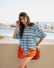Blue Stripes Print V Neck Cotton Mini Dress For Women