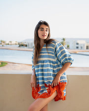 Blue Stripes Print V Neck Cotton Mini Dress For Women
