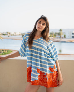 Blue Stripes Print V Neck Cotton Mini Dress For Women