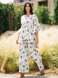 White Floral Printed V-Neck Night Suit Set - SanskrutiHomes 