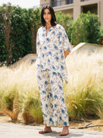 White Floral Printed V-Neck Night Suit Set - SanskrutiHomes 