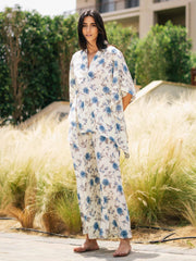 White Floral Printed V-Neck Night Suit Set - SanskrutiHomes 