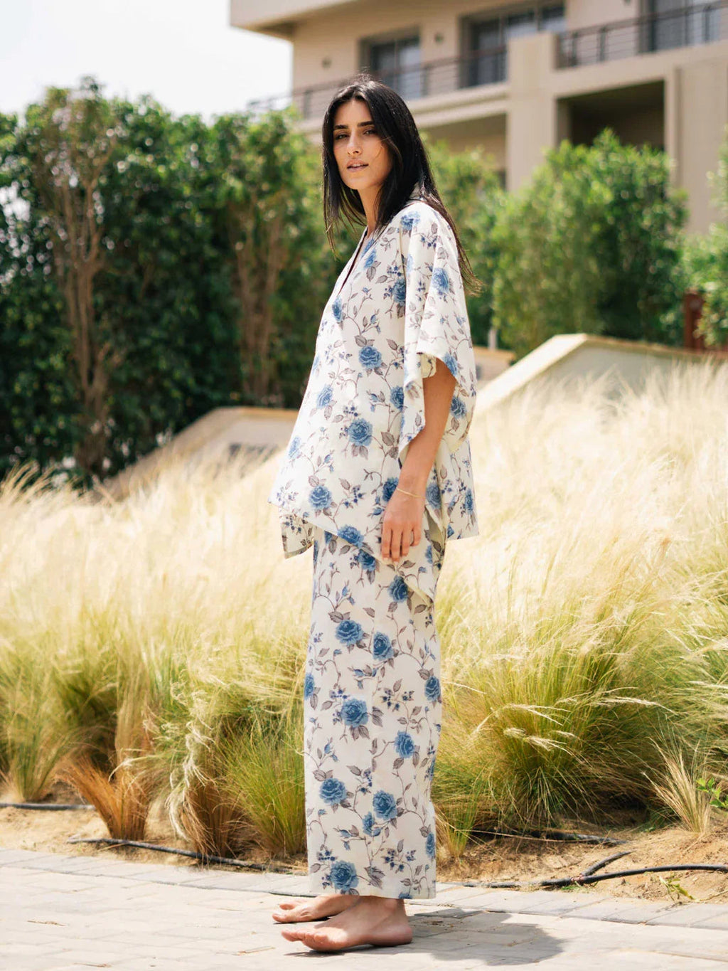 White Floral Printed V-Neck Night Suit Set - SanskrutiHomes 