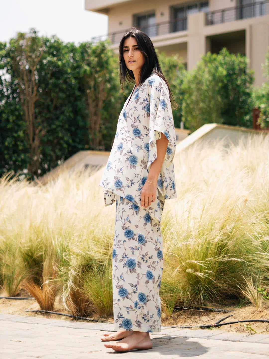 White Floral Printed V-Neck Night Suit Set - SanskrutiHomes 